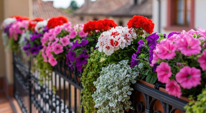 Close up view of balcony railing decorated with lush flower boxes filled with vibrant pink red and white blooming geraniums and petunias. High quality photo
