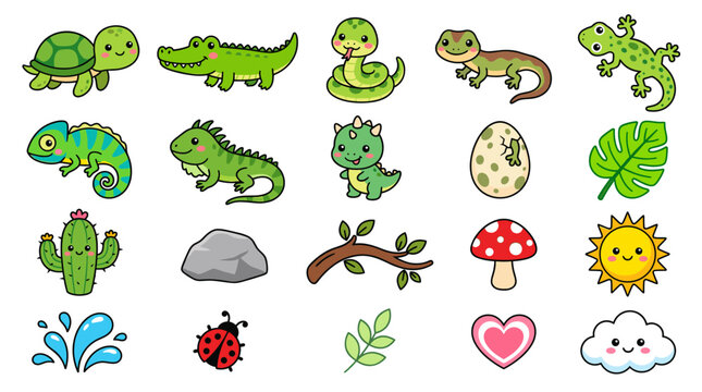Cute reptile clipart set with turtle, crocodile, snake, lizard, chameleon, gecko, cactus, mushroom and nature icons for kids stickers