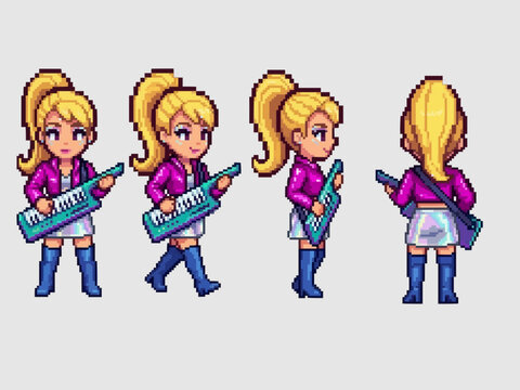 pixel art character spritesheet of a 1980s retro female musician with blonde hair, pink jacket, and blue keytar.