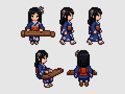 pixel art character spritesheet of a traditional Japanese woman in a blue kimono, holding and playing a koto harp.