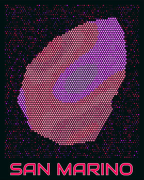 San Marino digital style hexagon map. Vibrant magenta purple pink neon dotted shape. Country tiny bright hexagon cells. San Marino honeycomb map design. Classy Vector Illustration.