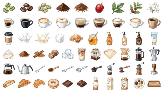 Coffee shop clipart set with coffee beans, cups, mugs, pastries, syrups, milk, grinder and cafe drink elements for menu and sticker design