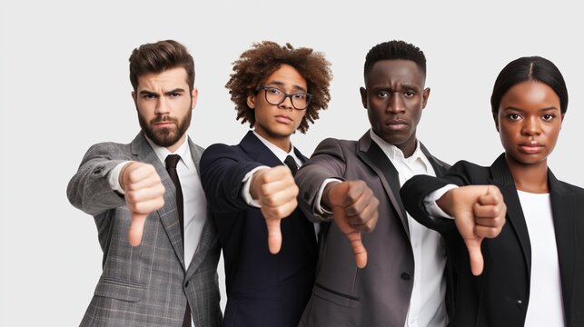 Diverse group of business people showing disapproval with thumbs down gesture, expressing rejection, failure, and negative feedback on white background