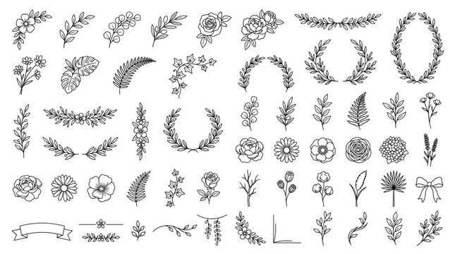 Black and white floral clipart set with roses, leaves, branches, wreaths, garlands and botanical doodles for coloring pages and crafts