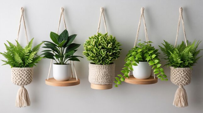 Five assorted indoor plants in various macrame and wooden hanging planters displayed against clean white wall for modern home decor. High quality photo