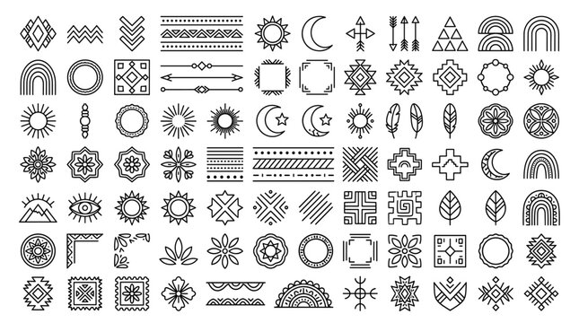 Black and white boho tribal clipart set with geometric patterns, suns, moons, rainbows, arrows, feathers and ethnic symbols for coloring crafts