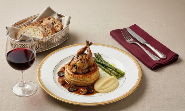 Quail stuffed with foie gras and black truffles in puff pastry served with asparagus, mashed potatoes and red wine &ndash; a concept of haute cuisine and luxury dining.