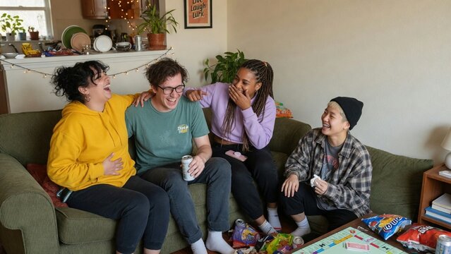 Good Times Together: Friends Sharing Laughter in a Cozy Indoor Setting