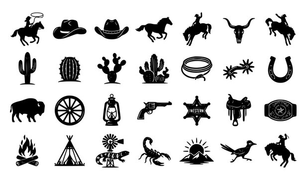 Wild West Cowboy and Western Icon Set featuring Horse Riders, Sheriff Star, Desert Cactus, Wagon Wheel, Buffalo, and Ranch Life Symbols for Graphic Design