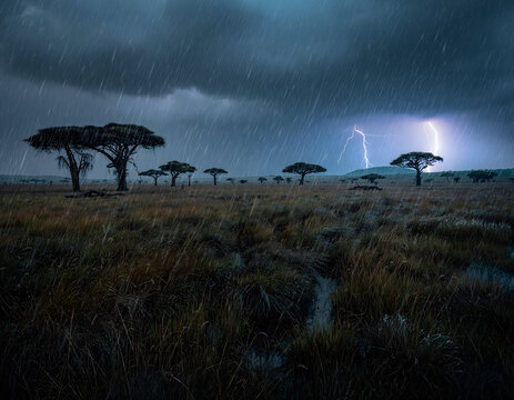 Stormy African Savanna with Lightning and Heavy Rain