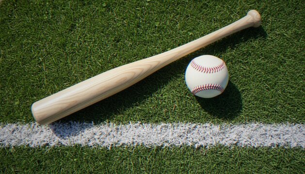 A wooden baseball bat and a baseball sitting on green artificial grass with a white painted foul line.