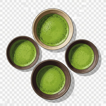 Top-down illustration of four ceramic bowls containing vibrant green frothy matcha tea. Set includes one light beige and three dark brown bowls isolated on transparent background.