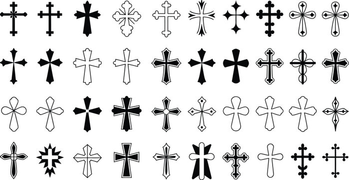 Ornate, decorative cross vector collection with vintage and gothic religious crucifix icons, detailed ornamental design set.