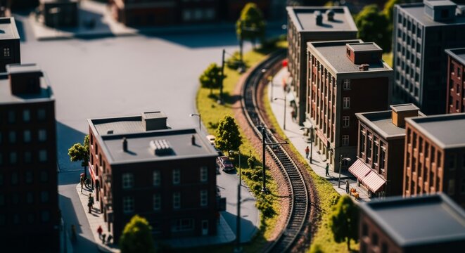 A meticulously crafted miniature urban landscape features a winding model train track amidst tiny buildings with a soft tilt-shift effect, plastic, toy, view