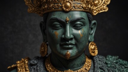 Obraz premium Modern design featuring close up of statue with gold crown on it head - Generative AI