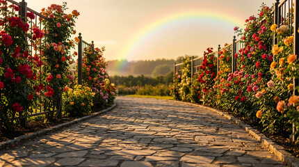 Naklejka premium A winding paved path through a vibrant rose garden at golden hour, with colorful blooms lining trellises and a majestic rainbow arching in the distant sky.