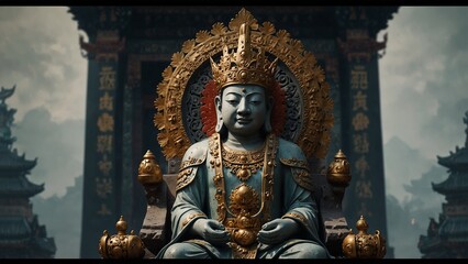 Fototapeta premium Statue of person sitting on throne, digital art illustration - Generative AI