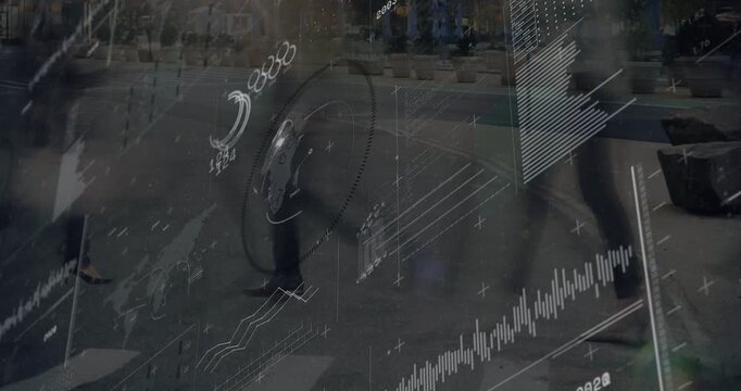 Commuters entering sides activating tech HUD highlighting shoes with rising chart in plaza