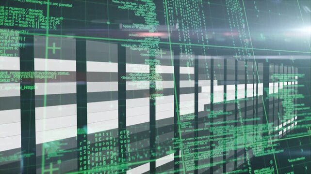 Timeline starting, curved panel array sweeping right while green code drifting, visualizing depth