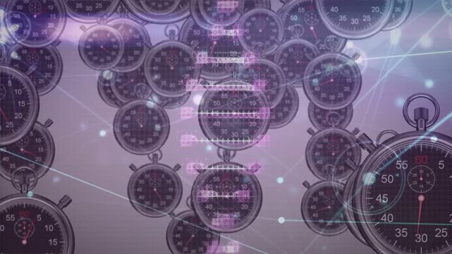 Magenta pixels starting stopwatches rotating, clustering, linking with light streaks to show timing