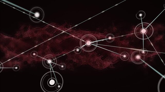Target appearing, hub sending lines, nodes growing, dots moving, mapping network over maroon band
