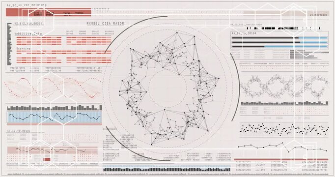 Dotted guide filling nodes central network connecting and rotating updating charts to show data