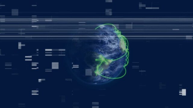 Following frame 1 glitch, neon green trails drawing loops around planet, showing data flow network