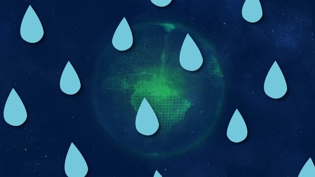 Opening frame revealing raindrops, blue drops descending while green globe pulsing, creating loop
