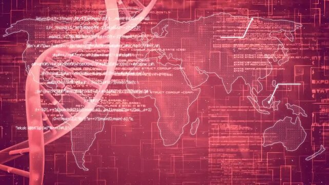 Loop starting: DNA helix rotating inward, map and code scrolling, marker pulsing, showing lab data