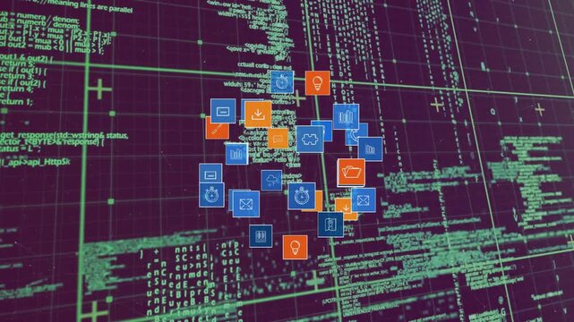 Center spawning icons sparking cluster rotating, parting, orbiting and growing to show code flow