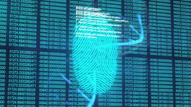 Fingerprint pulsing as scanner box appearing, white bars sweeping while pink trace verifying access