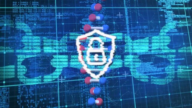 Pixelated glitch appearing, helix rotating while shield forming lock, pulsing protecting DNA data
