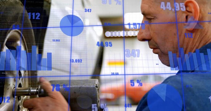 Auto tech placing wrench at wheel hub, torquing, checking alignment, blue bar charts overlaying hub
