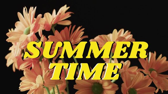 On play peach daisies shifting subtly, petals moving SUMMER TIME title staying static, adding depth