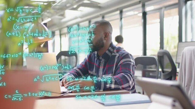 seated man typing on laptop, generating teal formulas expanding from left and visualizing math