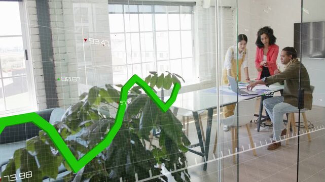 Team grouping at laptop, green graph moving across scene, causing pointing and leaning for business