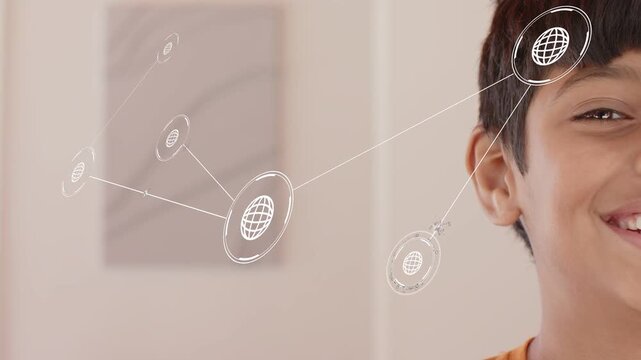 Boy watching as white globe node appearing left forming network, aligning near temple for education
