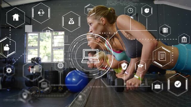 Workout group holding weights doing pushups floor camera sweeping HUD overlays showing fitness data