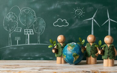 Fototapeta premium Three wooden figures hold plants standing before a chalkboard with