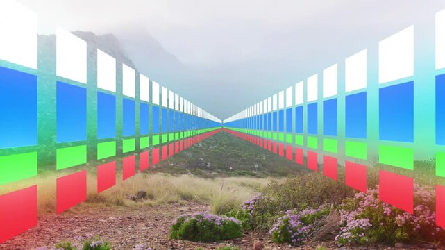 Color cycling panels mirroring rocky trail shifting hues and creating tunnel illusion for designers