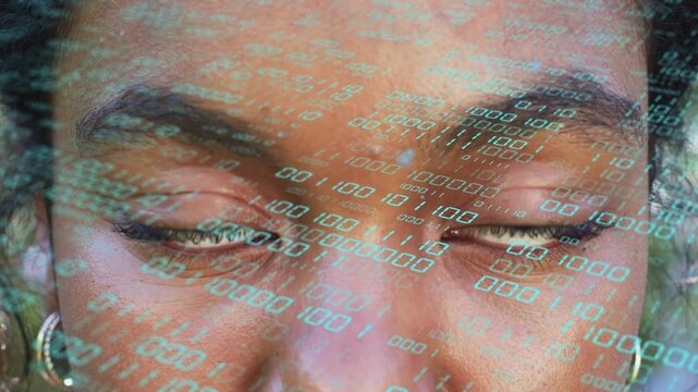 Binary digits appearing across face, woman opening eyes, shifting gaze, pupils reflecting tech code
