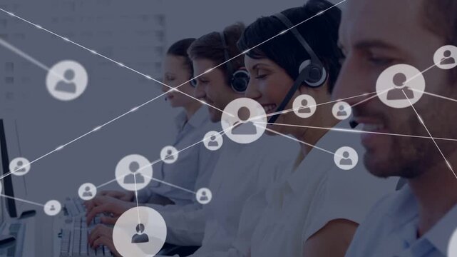 Four call reps typing while user icons appearing, linking into overlay mapping support over agents