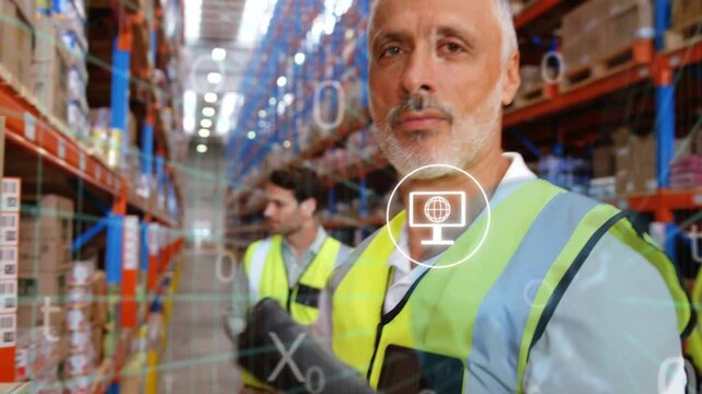 Warehouse picker reaching for box and scanning barcode, activating HUD icons and updating stock