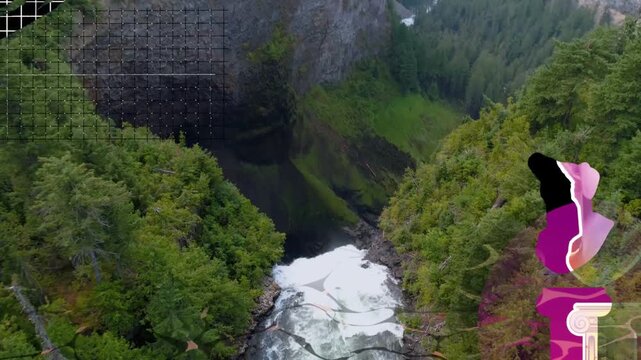 Drone flyby causing drop, waterfall falling, mist rising showing pool, grid, pink bust shifting