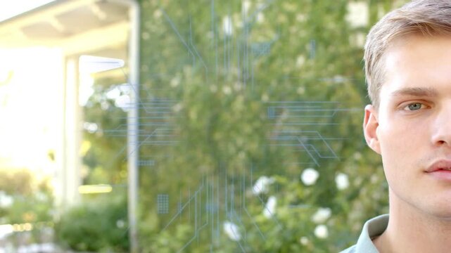 Man reacting to tech overlay crossing face on camera smiling while scan lines animating over porch