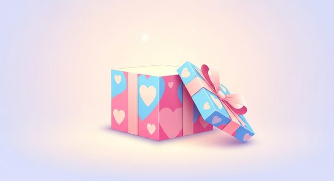 A flat vector illustration of a romantic gift box featuring a soft heart pattern and pastel colors, set against a clean, minimal backdrop, white, object, flat