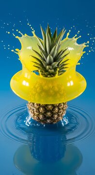 A fresh ripe pineapple crashing into a pool of water, creating a vibrant yellow liquid splash with soft shadows and bright studio lighting, juicy, action, movement