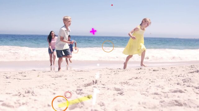 Girl skipping leading beach play chase to cam group chasing motion rings tracing prints for travel