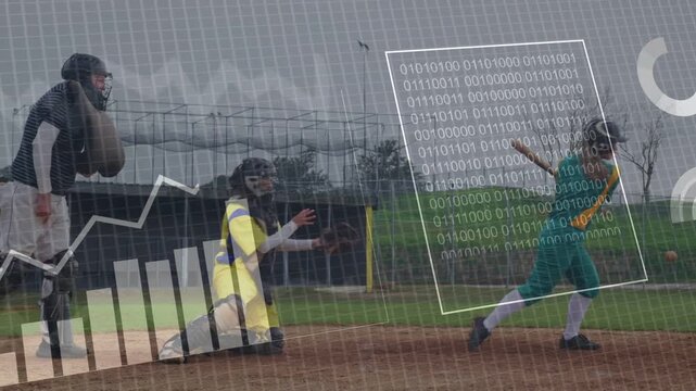 Batter standing in box swinging to first base, HUD appearing and collecting data for sports charts