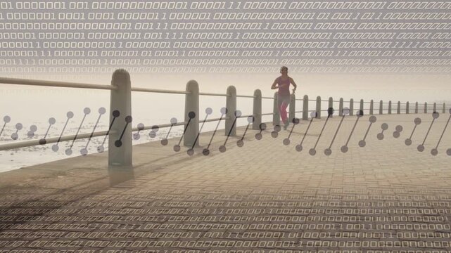 Woman starting and running toward camera on promenade, fitness binary node overlay tracing stride